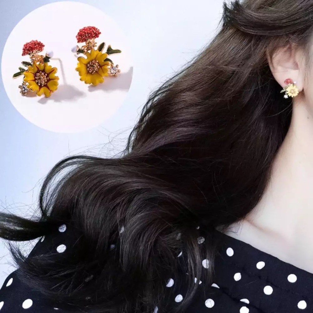New! Yellow Zinnia Floral Earrings - Picture 3 of 5